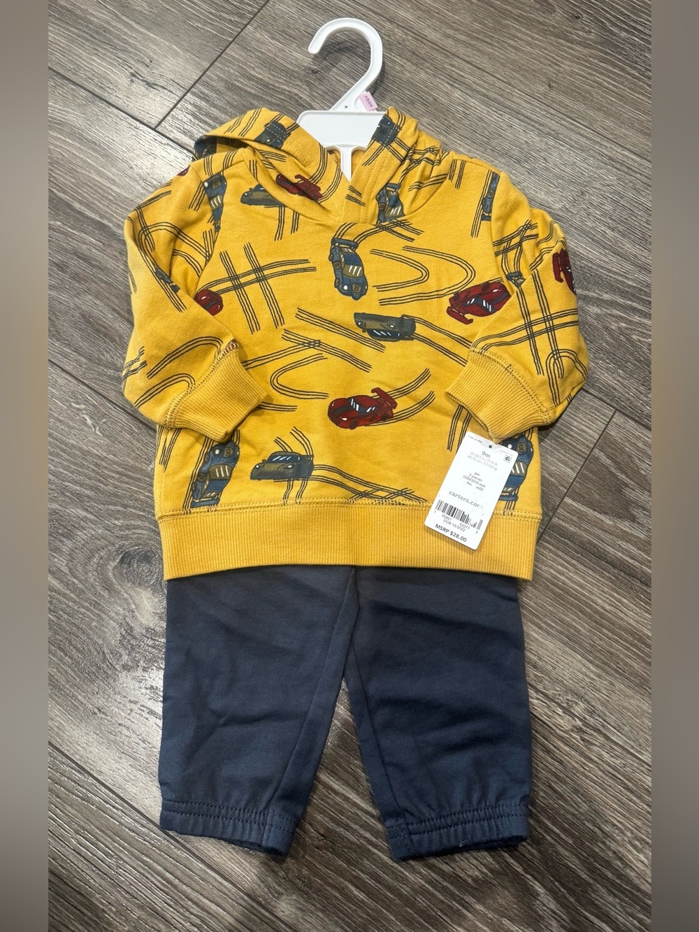 NWT Carter's Yellow Hooded Sweatshirt & Navy Pant Set with Car Print